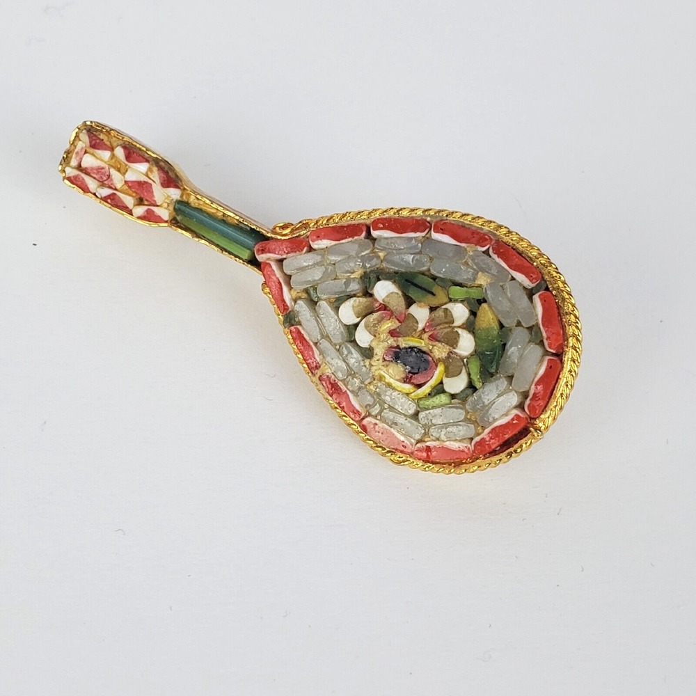 Vintage Multicolor Floral Micro Mosaic Glass Gold Tone Metal Guitar Brooch Pin